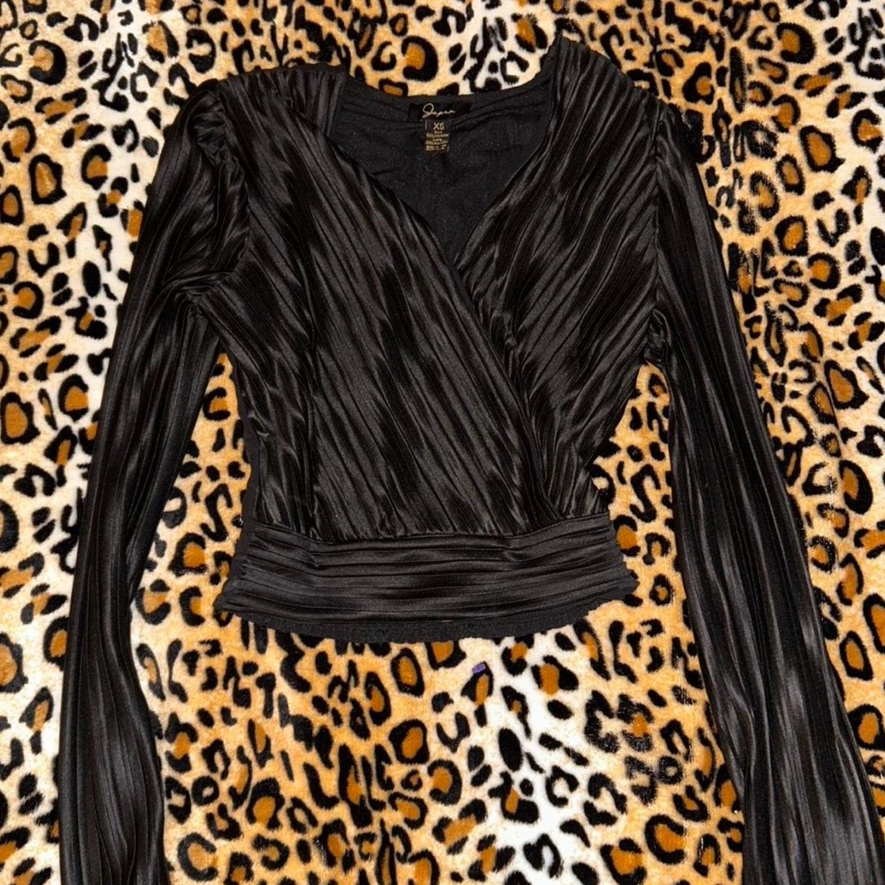 Black Gothic Pleated Satin Wrap Blouse with Elastic Waist